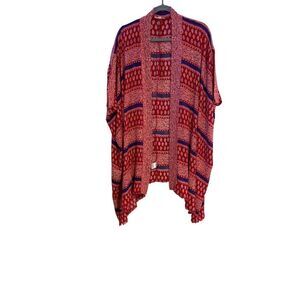 Easel Women Boho M Open Front Kimono Cardigan Red Blue Floral Distressed Hem Art